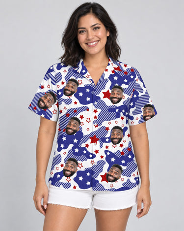 USA Flag Aloha Hawaiian shirt with printed faces, worn by a woman