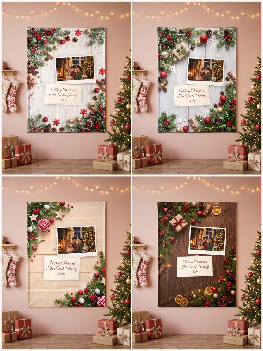 Personalized Christmas photo blanket in four designs: white wood, grey wood, natural pine and dark walnut