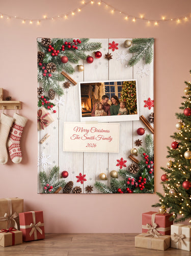 White Wood custom photo blanket hanging on a wall: photo as a tilted polaroid above a Christmas message note