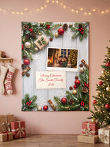 Grey Wood personalized Christmas blanket with pine branches, ornaments, a polaroid photo and a message note
