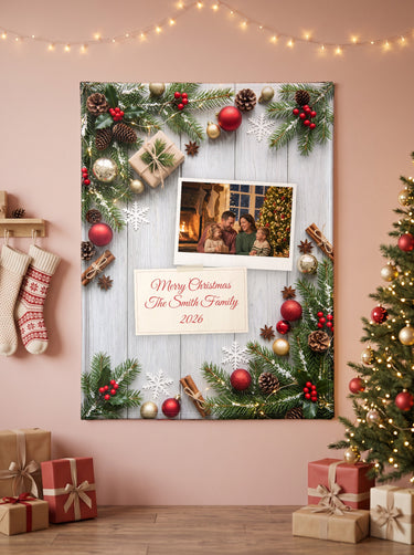 Grey Wood personalized Christmas blanket with pine branches, ornaments, a polaroid photo and a message note
