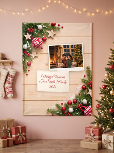 Natural Pine custom Christmas photo blanket with knitted ornaments, polaroid photo and custom message