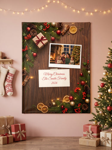 Dark Walnut personalized photo blanket with orange slices and fairy lights, polaroid photo and Christmas note