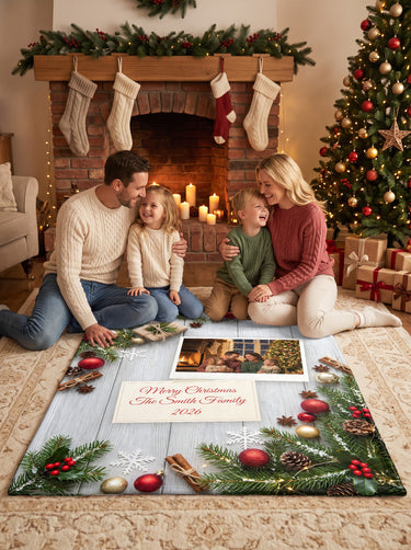 Family sitting by the fireplace on a Grey Wood personalized Christmas photo blanket