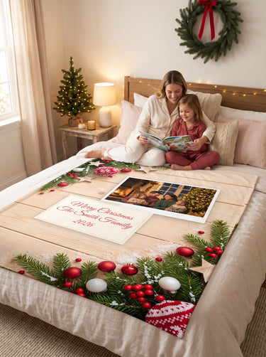 Natural Pine custom photo blanket laid over a bed while a mother reads to her daughter