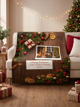 Dark Walnut personalized Christmas photo blanket draped over a sofa beside a Christmas tree