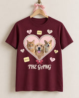 Maroon custom candy heart pet shirt on a wooden hanger, showing three pet portraits, red ribbon accents and The Gang script lettering with no second line.