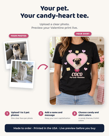 Personalization guide for a candy heart pet Valentine tee: upload one to three photos, add a name and optional message, then choose candy and shirt colors.