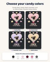 Four candy color choices for the custom pet Valentine shirt: Candy Pink, Classic Red, Lavender Love and Gold & Rose, with six available shirt colors.