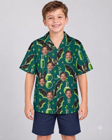 Vampire Bats & Potions Goth Hawaiian Shirt with printed faces, worn by a child