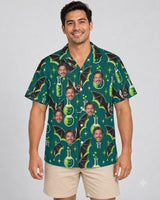 Vampire Bats & Potions Goth Hawaiian Shirt with printed faces, worn by a man