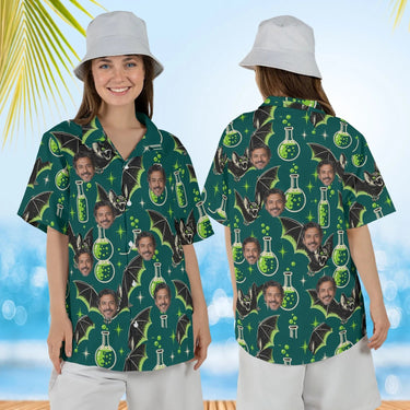 Woman wearing the Vampire Bats & Potions Goth Hawaiian Shirt with custom faces, front and back view