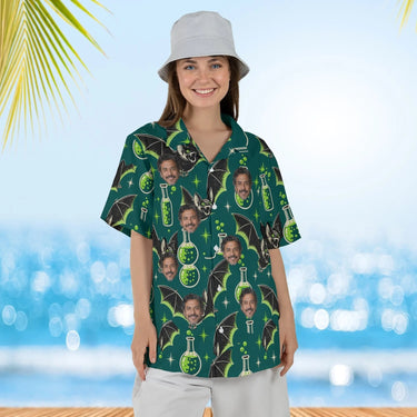 Woman wearing the Vampire Bats & Potions Goth Hawaiian Shirt with custom faces