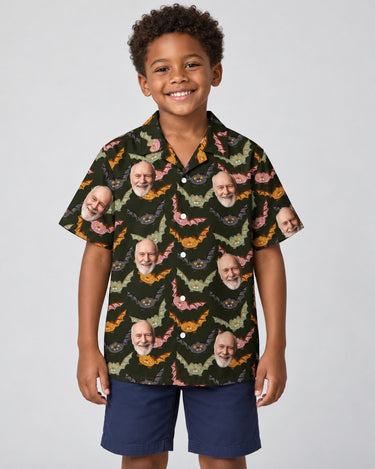 Vampire Night Bat Halloween Hawaiian shirt with printed faces, worn by a child