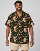 Vampire Night Bat Halloween Hawaiian shirt with printed faces, worn by a man