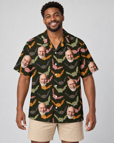 Vampire Night Bat Halloween Hawaiian shirt with printed faces, worn by a man
