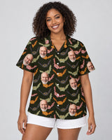 Vampire Night Bat Halloween Hawaiian shirt with printed faces, worn by a woman