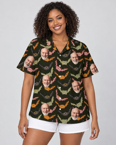 Vampire Night Bat Halloween Hawaiian shirt with printed faces, worn by a woman