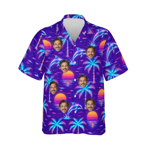 Vaporwave Ugly Hawaiian Shirt personalized with printed faces, front view
