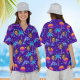 Woman wearing the Vaporwave Ugly Hawaiian Shirt with custom faces, front and back view