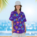 Woman wearing the Vaporwave Ugly Hawaiian Shirt with custom faces