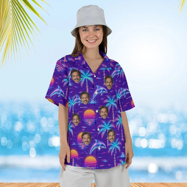 Woman wearing the Vaporwave Ugly Hawaiian Shirt with custom faces