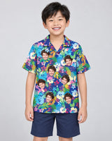 Vibrant Hibiscus Hawaiian shirt with printed faces, worn by a child