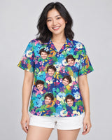 Vibrant Hibiscus Hawaiian shirt with printed faces, worn by a woman