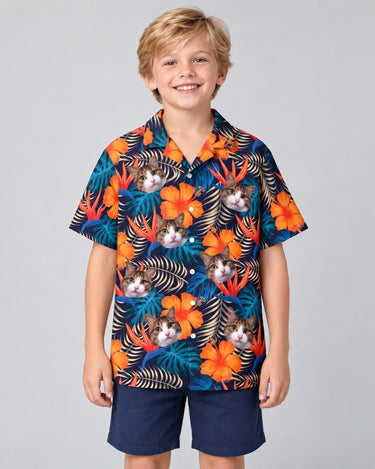 Vibrant Tropical Floral Hawaiian shirt with printed faces, worn by a child