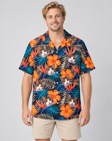 Vibrant Tropical Floral Hawaiian shirt with printed faces, worn by a man