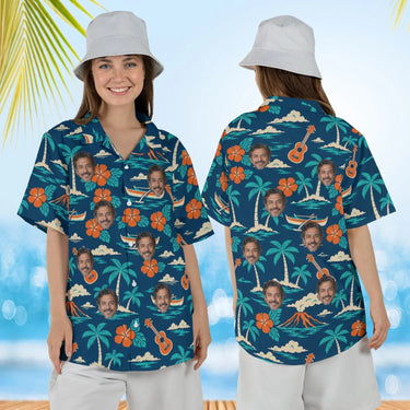 Woman wearing the Vintage 50s Aloha Shirt with custom faces, front and back view