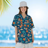 Woman wearing the Vintage 50s Aloha Shirt with custom faces