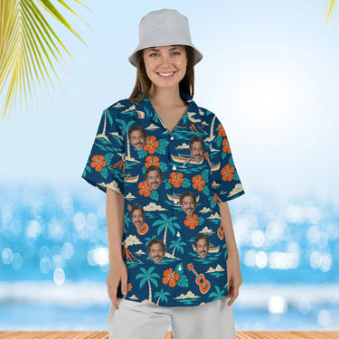 Woman wearing the Vintage 50s Aloha Shirt with custom faces