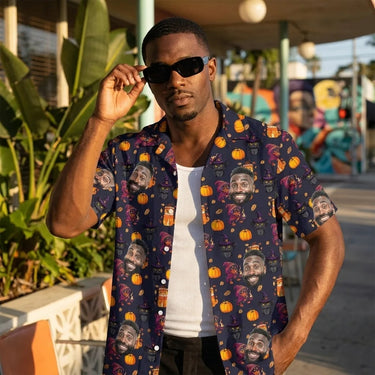 Vintage Black Cat Halloween custom Hawaiian shirt with photos, example 2