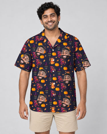 Vintage Black Cat Halloween Hawaiian shirt with printed faces, worn by a man