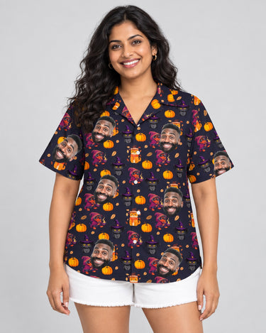 Vintage Black Cat Halloween Hawaiian shirt with printed faces, worn by a woman