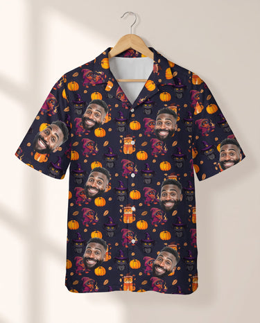 Vintage Black Cat Halloween personalized Hawaiian shirt printed with customer faces