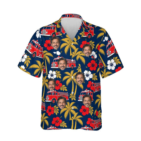Vintage Fire Truck Firefighter Hawaiian Shirt personalized with printed faces, front view