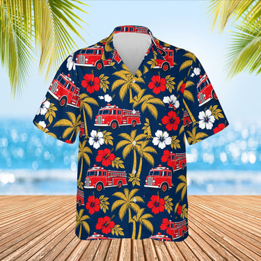 Vintage Fire Truck Firefighter Hawaiian Shirt print before personalizing, front view