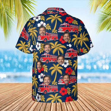 Vintage Fire Truck Firefighter Hawaiian Shirt with custom faces, back view