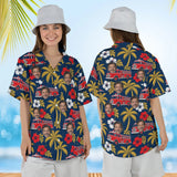 Woman wearing the Vintage Fire Truck Firefighter Hawaiian Shirt with custom faces, front and back view