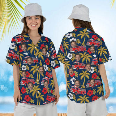Woman wearing the Vintage Fire Truck Firefighter Hawaiian Shirt with custom faces, front and back view