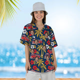 Woman wearing the Vintage Fire Truck Firefighter Hawaiian Shirt with custom faces