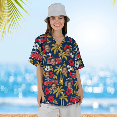 Woman wearing the Vintage Fire Truck Firefighter Hawaiian Shirt with custom faces
