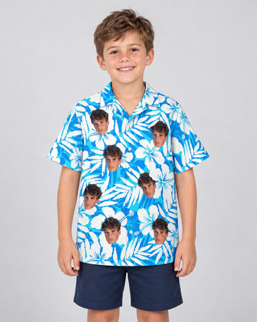 Vintage Hibiscus Vibes Hawaiian shirt with printed faces, worn by a child