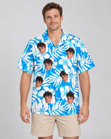 Vintage Hibiscus Vibes Hawaiian shirt with printed faces, worn by a man