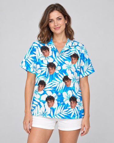Vintage Hibiscus Vibes Hawaiian shirt with printed faces, worn by a woman