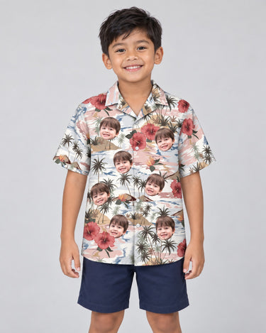 Vintage Island Palm Hibiscus Hawaiian shirt with printed faces, worn by a child