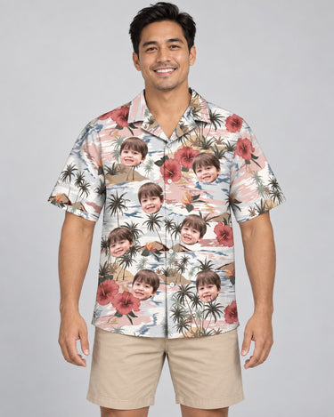 Vintage Island Palm Hibiscus Hawaiian shirt with printed faces, worn by a man