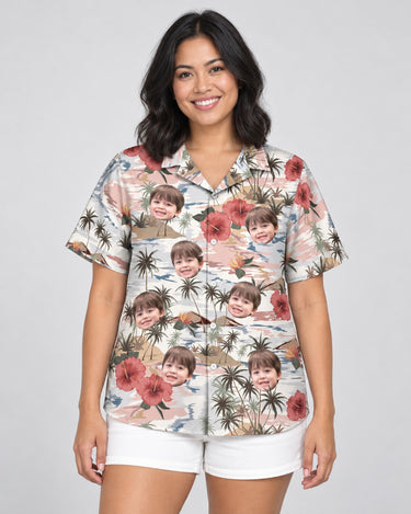 Vintage Island Palm Hibiscus Hawaiian shirt with printed faces, worn by a woman